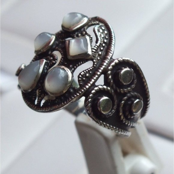 Sterling Silver Moonstone Cluster Statement Ring, Size 7, Unique Split Band - Picture 4 of 9